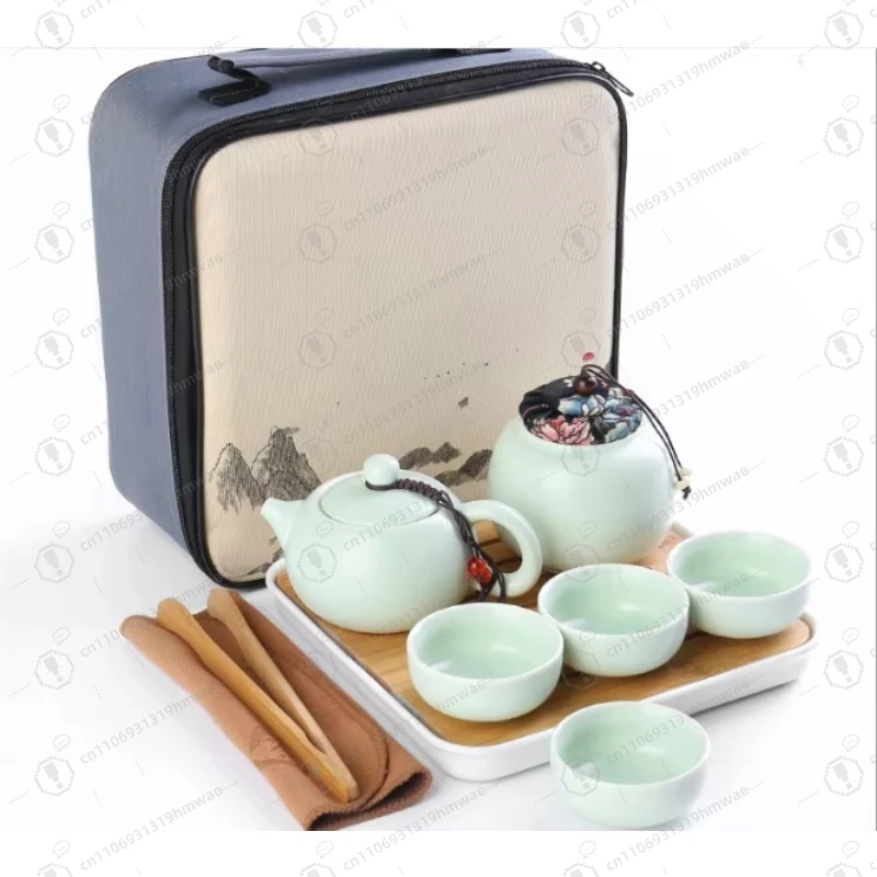 

Портативная керамическая дорожная сумка для хранения кунг-фу, подарочная 4 чашки, два лотка для кастрюль, набор чайных чашек