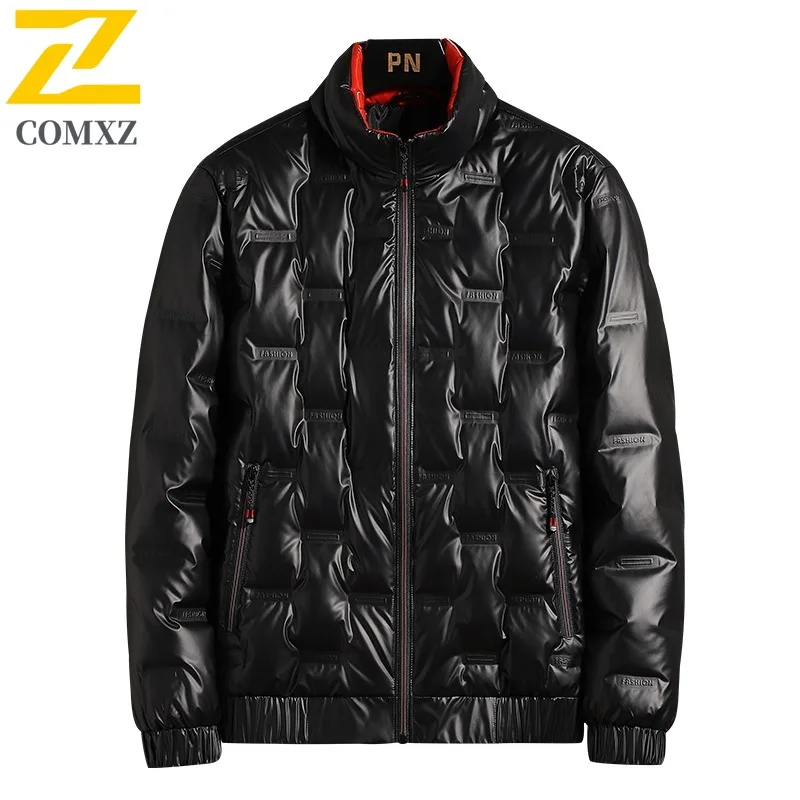 سترة COMXZ الرجالية القصيرة العصرية بياقة واقفة للتنقل والمكتب سترة دافئة لامعة للمشي لمسافات طويلة مريحة معطف شتوي للحماية من البرد