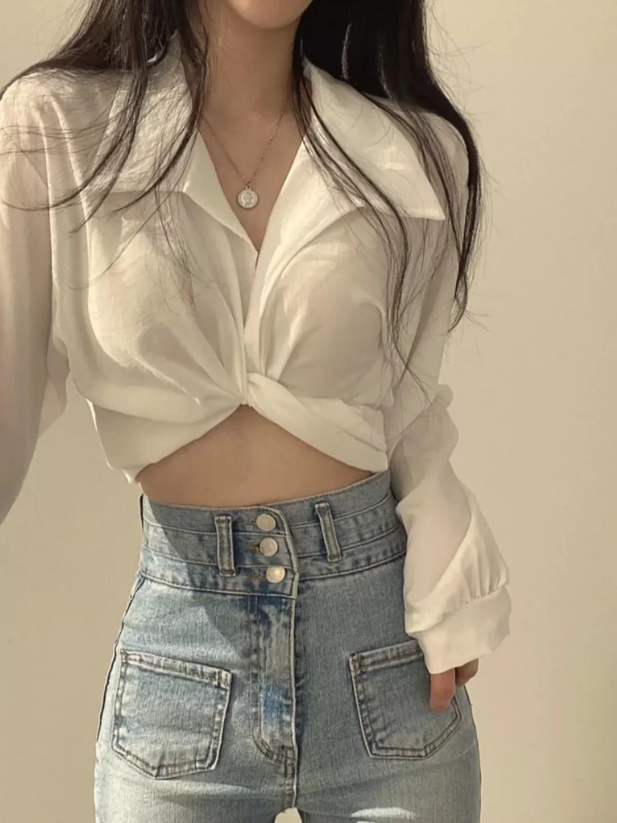 قمصان نسائية بأكمام طويلة من القطن مكشكشة وأزرار سفلية بقصة ضيقة ملابس خارجية أنثوية مريحة للسفر ملابس ربيعية بسيطة #5