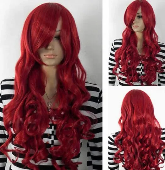 

WIG LL Bright Red Long Wave Wavy Side-Swept Bangs Fibre Hair Cosplay Daily Wear Wigs