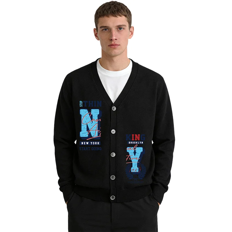 

Men's Wool Knit Cardigan with NY Brooklyn Letter Print V Neck Button Down Long Sleeve Spring Autumn Casual Outerwear
