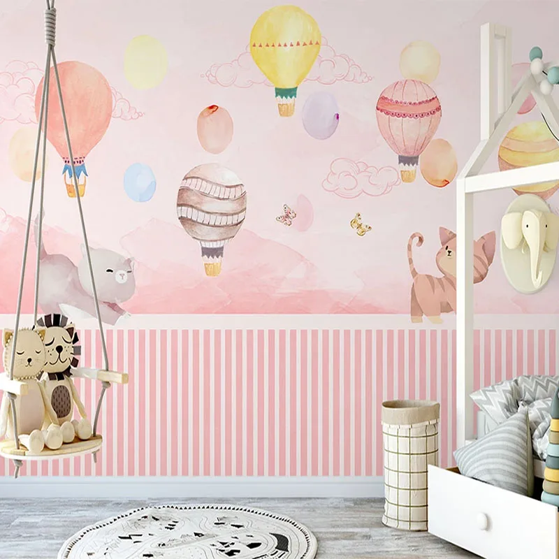 Custom Photo 3D Cartoon Cat Hot Air Balloon Pink Princess Room Children Room Bedroom Background Wall Decoration Mural Wallpaper