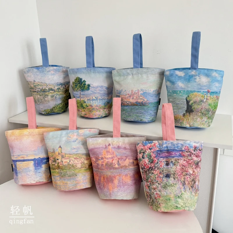 

Monet oil painting canvas bag small capacity water cup bag retro literary portable walking hand bag logo customization