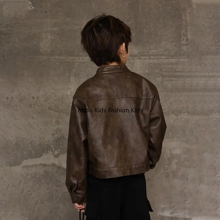 Boys' Fleece-Lined Winter Arrival Rugged Stylish  Vintage Leather Jacket  Boys Motorcycle-Inspired Children's Leather Clothing