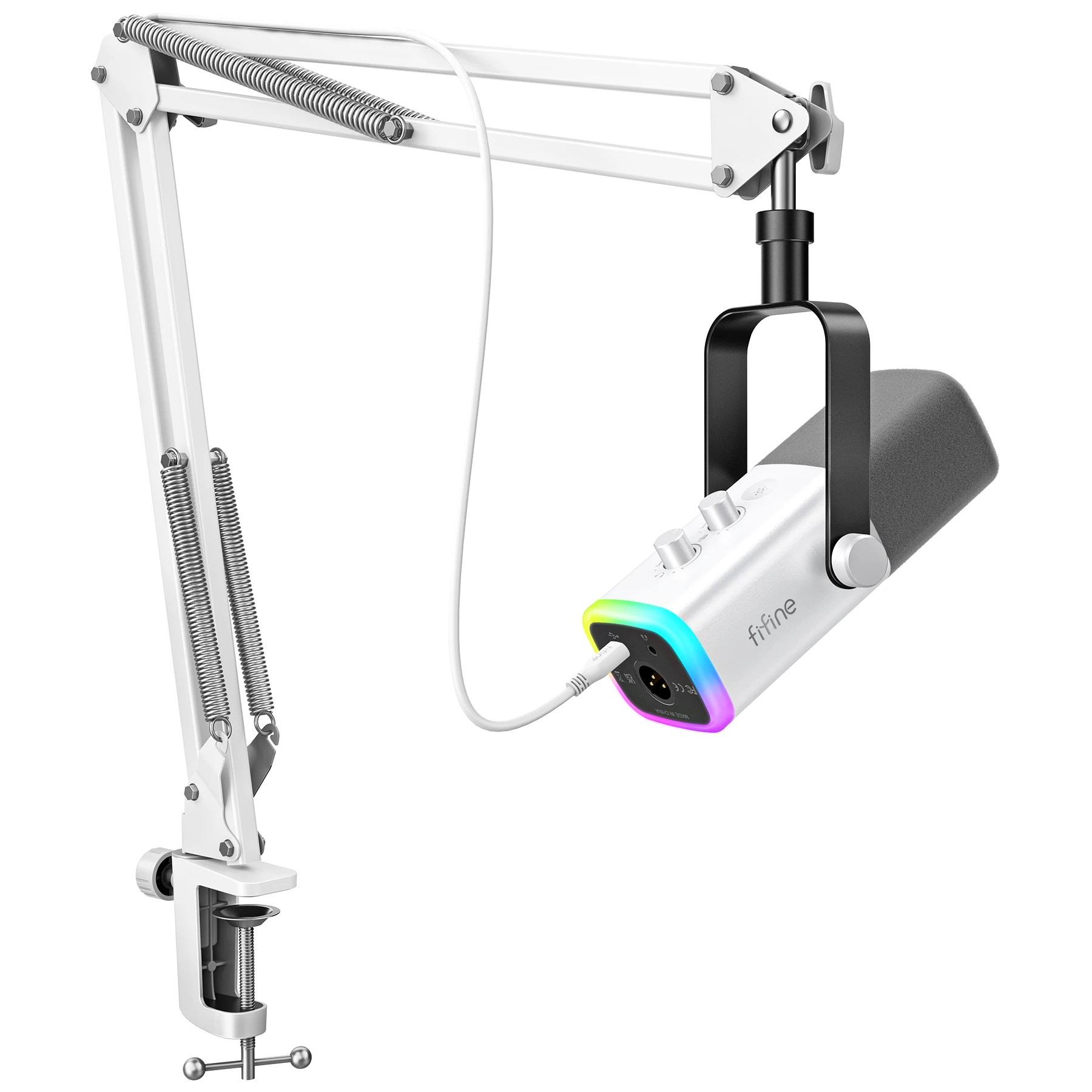 FIFINE USB/XLR 게임용 마이크 키트(헤드폰 잭/RGB/붐 암 포함), PC PS5/4 믹서 AmpliGame White-AM8TW용 다이나믹 마이크 세트