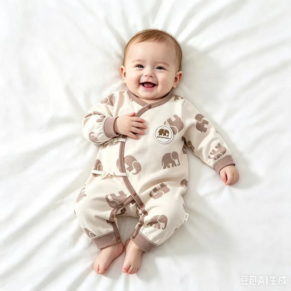 Soft Cotton Newborn Baby Elephant Print Romper Long Sleeve Tie-side Onesie Spring Autumn Infant Jumpsuit Unisex Clothes 0-3M