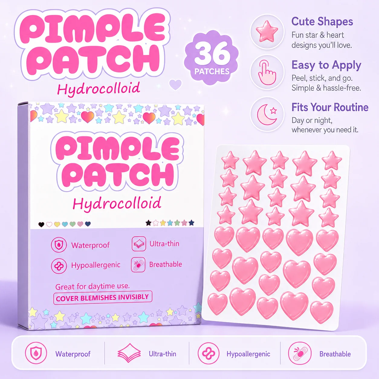 180/360/720PCS Hydrocolloid Pimple Patches, Pink Star & Heart Face Stickers, Ultra-Thin Waterproof Day & Night Use