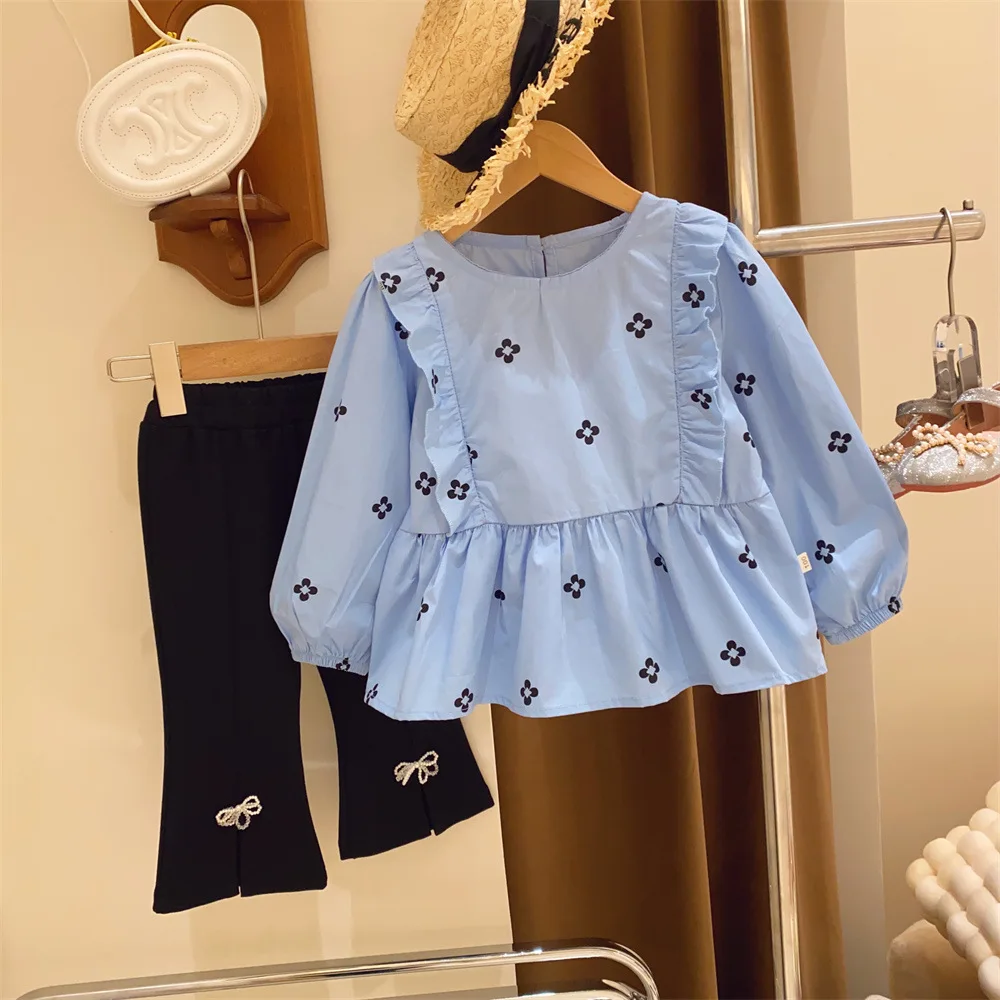 

Girls Sweet 2pcs Suit Children Baby Kids Spring Autumn Printing Long sleeve Shirt+ Bow Pants Sets