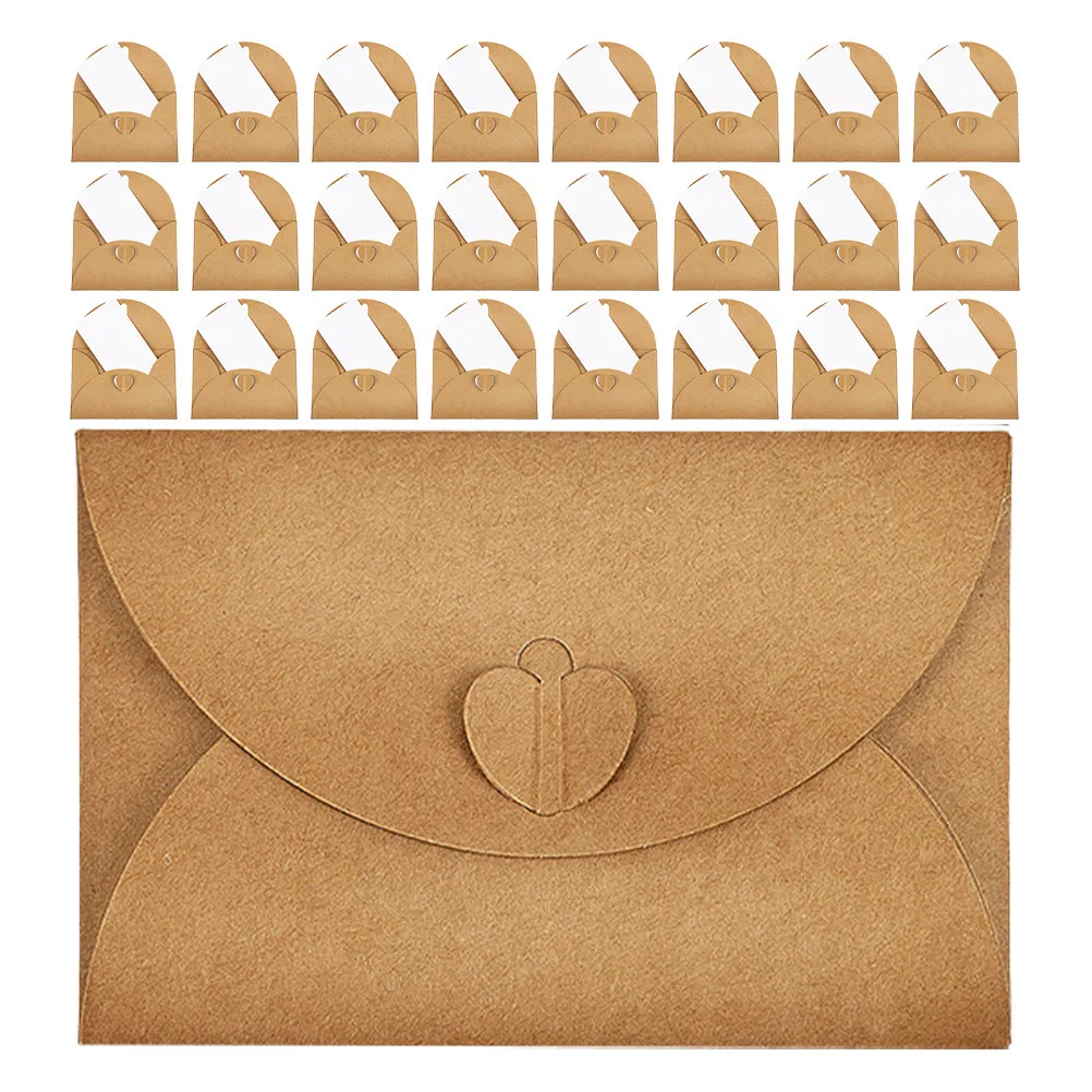 

30 комплектов крафтовых конвертов с застежкой-сердечком, миниатюрные, винтажного размера, для приглашений на свадьбу, день рождения, выпускной, вечеринку, открыток своими руками