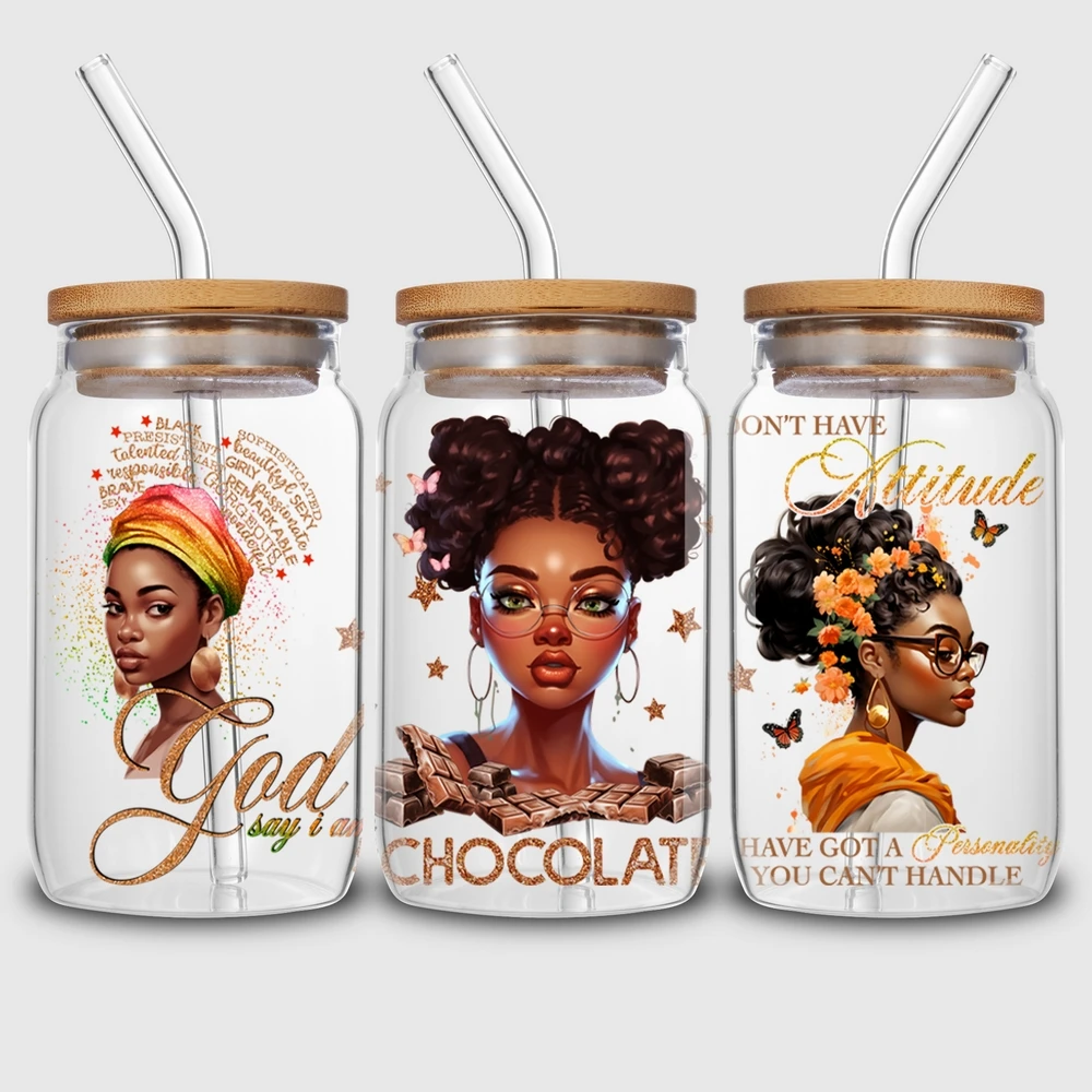 5 sheets black woman UV DTF cup stickers, glass sports DTF transfer stickers, waterproof wipe transfer paper for 16 oz glass