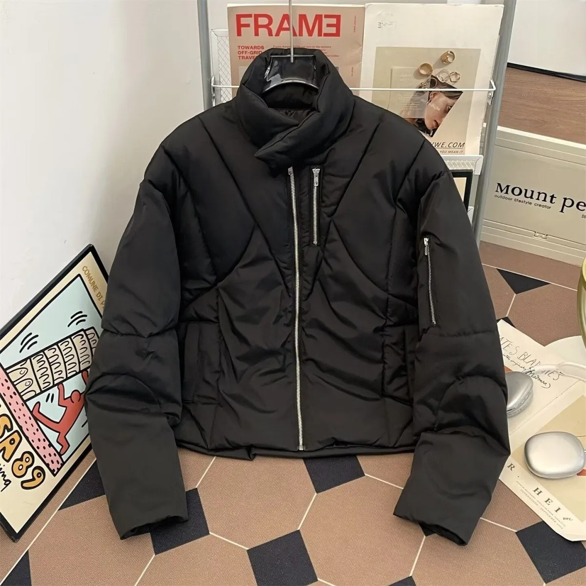 

Thiened Loose Fit Cotton Jaet for Men with Stand Collar And Multiple Zippers Sli Busin Casual Sle Polyester Filling