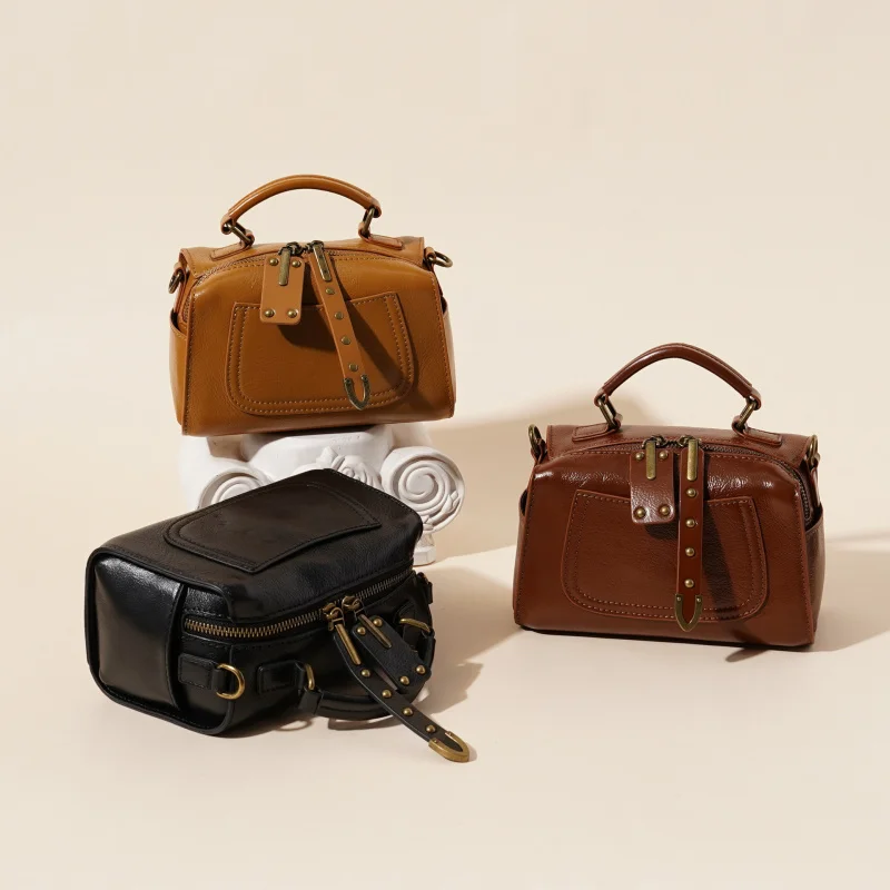 

Spring and summer new genuine leather Boston fashion casual handbag tanned cowhide shoulder width women's bag