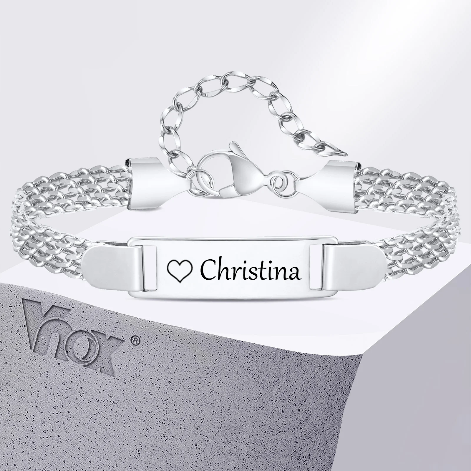 Vnox Custom Name Date Bracelets for New Mom Baby, Stainless Steel Mesh Chain Adjustable Bracelet,Personalized Baby Baptism Gift