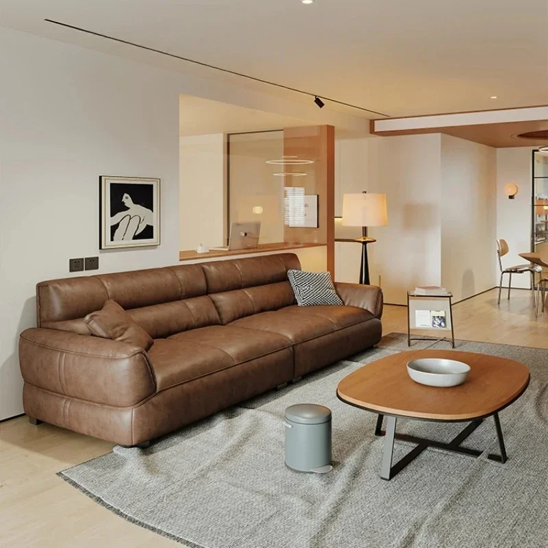 

Caramel color, leather, simple, Italian style, modern living room, light luxury at home, small apartment, sofa