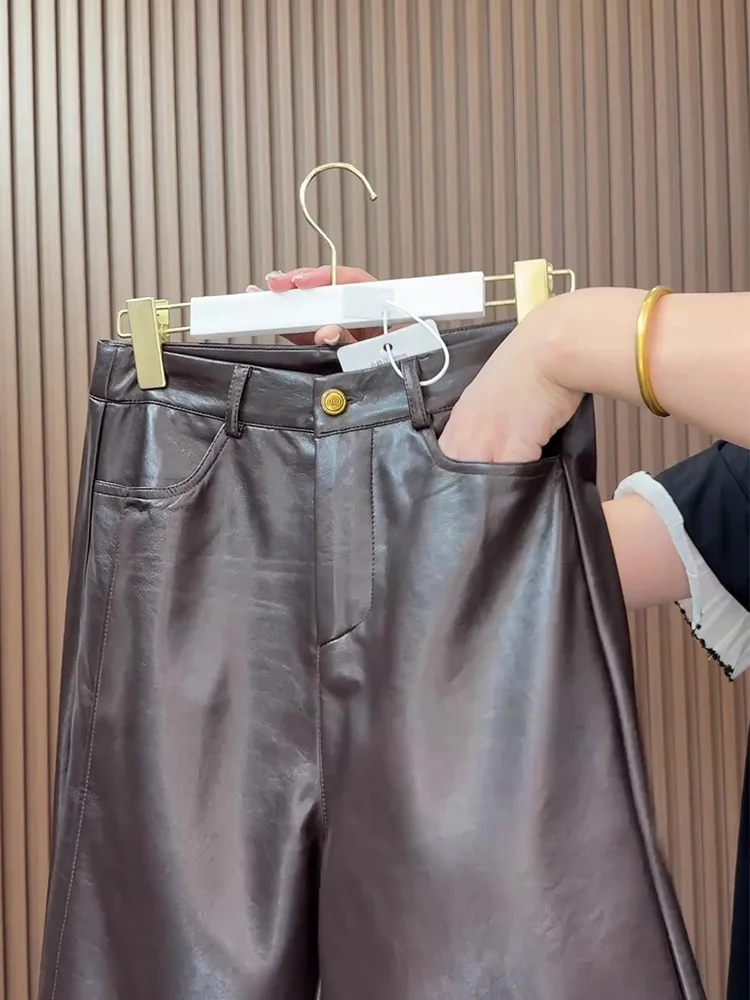 Faionable Pantaloni larghi in pelle a gamba dritta a vita alta Pantaloni casual da donna Autunno New Sle Vita elastica a sette piedi