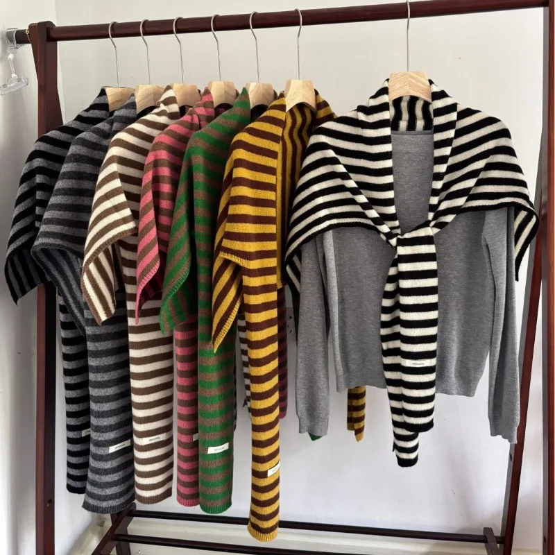 100% Wool Striped Shawl Women Office Warm Shoulder Wrap Black White Stripe Stylish Commuter T Shape Scarf