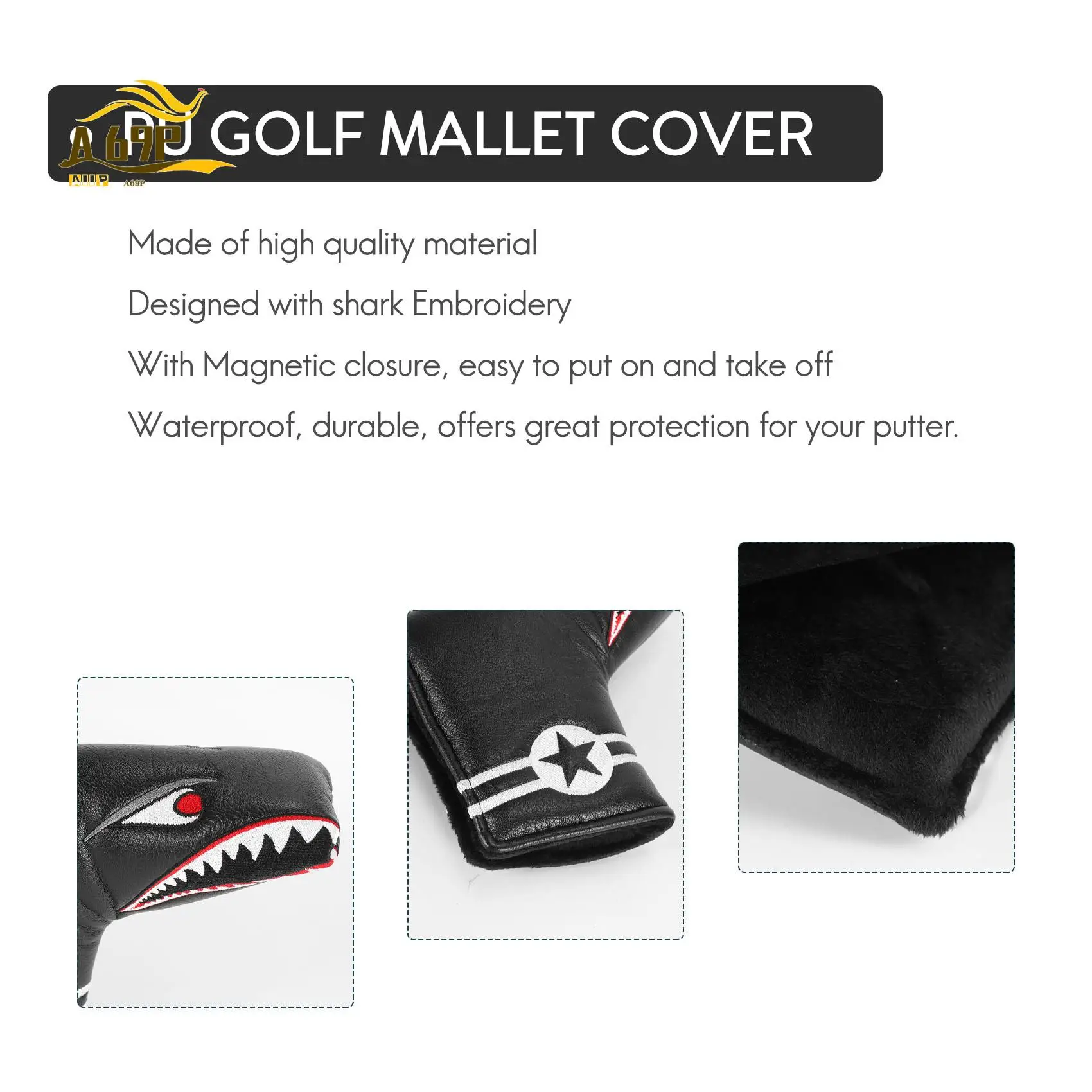 A69P-1Pc Black PU Leather With Shark Embroidery Magnet Golf Blade Putter Head Cover Golf Club Putter Headcover