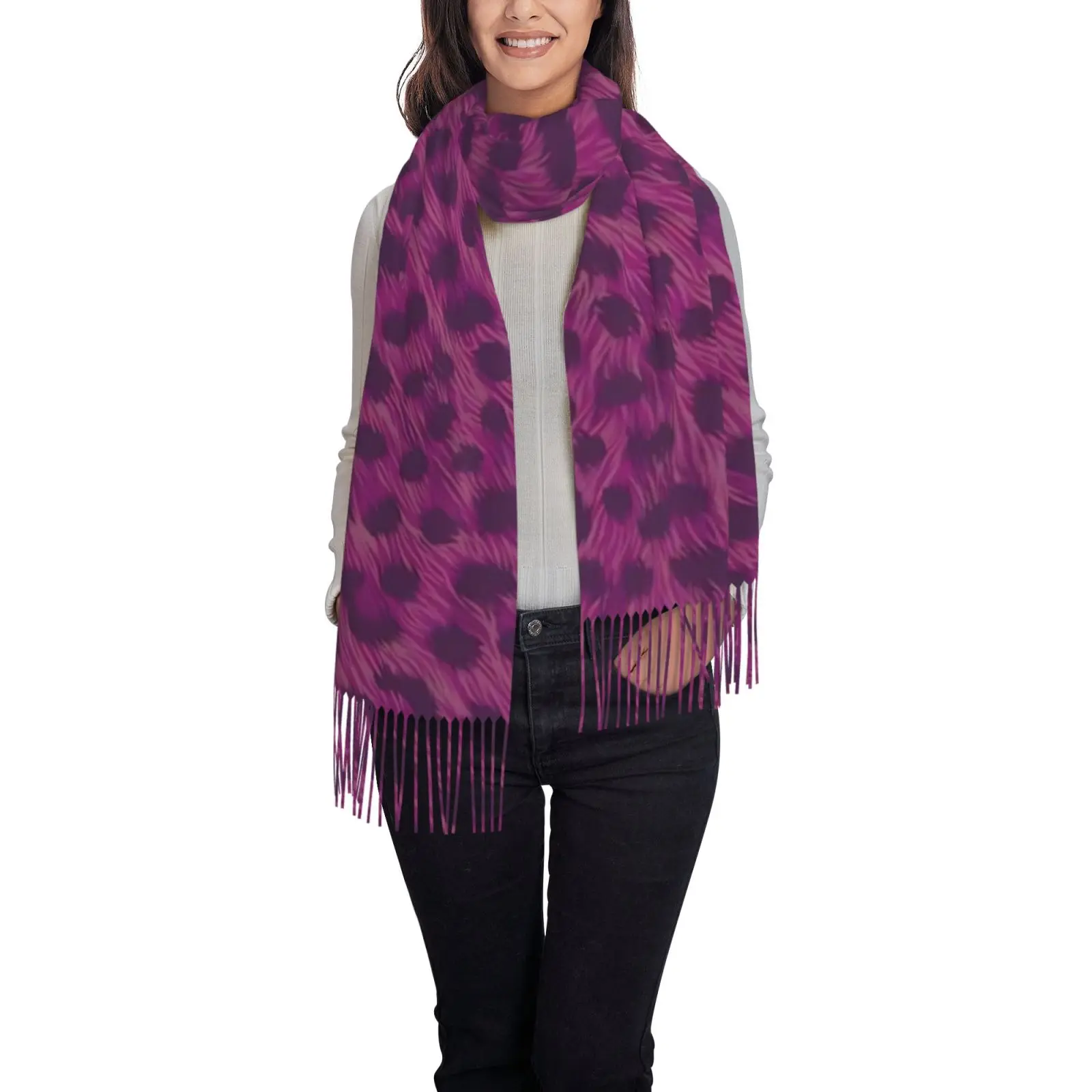 Purple Leopard Print Women Shawl Scarf, Animal Skin Pattern Tassel Wrap, Soft Warm Oversized Cape for Autumn Winter