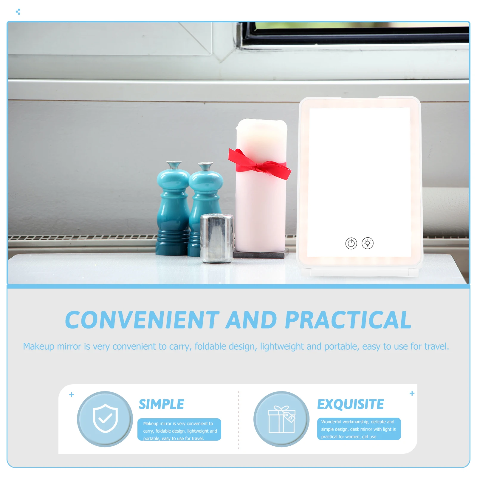 

Foldable Makeup White Small Size 3 Color Lights Rechargeable Travel Portable Makeup Mirror For Desktop Desk Vanities