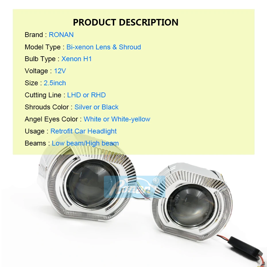 Ronan 2.5inch Bi-Xenon Projector Lens MH1 with BMS Black Silver Shrouds Angel Eyes White Yellow Retrofit H1 H4 H7 Car Headlight