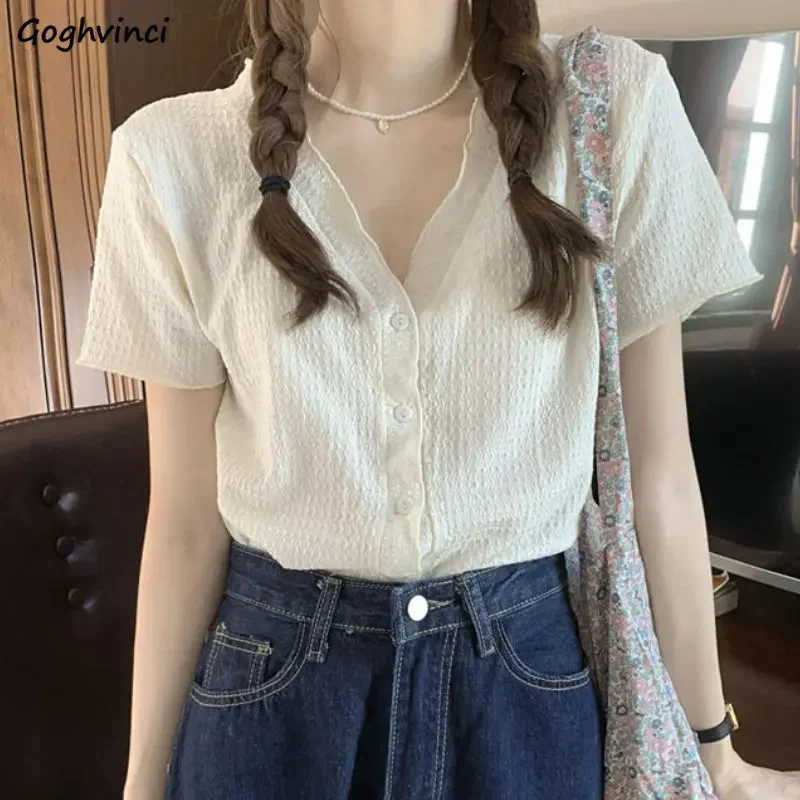 

Shirts Women Sweet New Summer V-neck Design Vintage Graceful All-match Tender Girls Simple Ulzzang Temperament Chic Pure Color