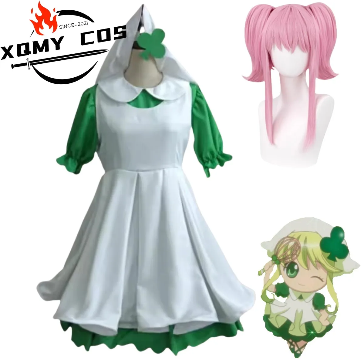 

XQAnime Shugo Chara Suu Cosplay Costume Kawaii Green Maid Dress Lolita Skirt Headwear Wig Woman Cute Birthday Party Suit
