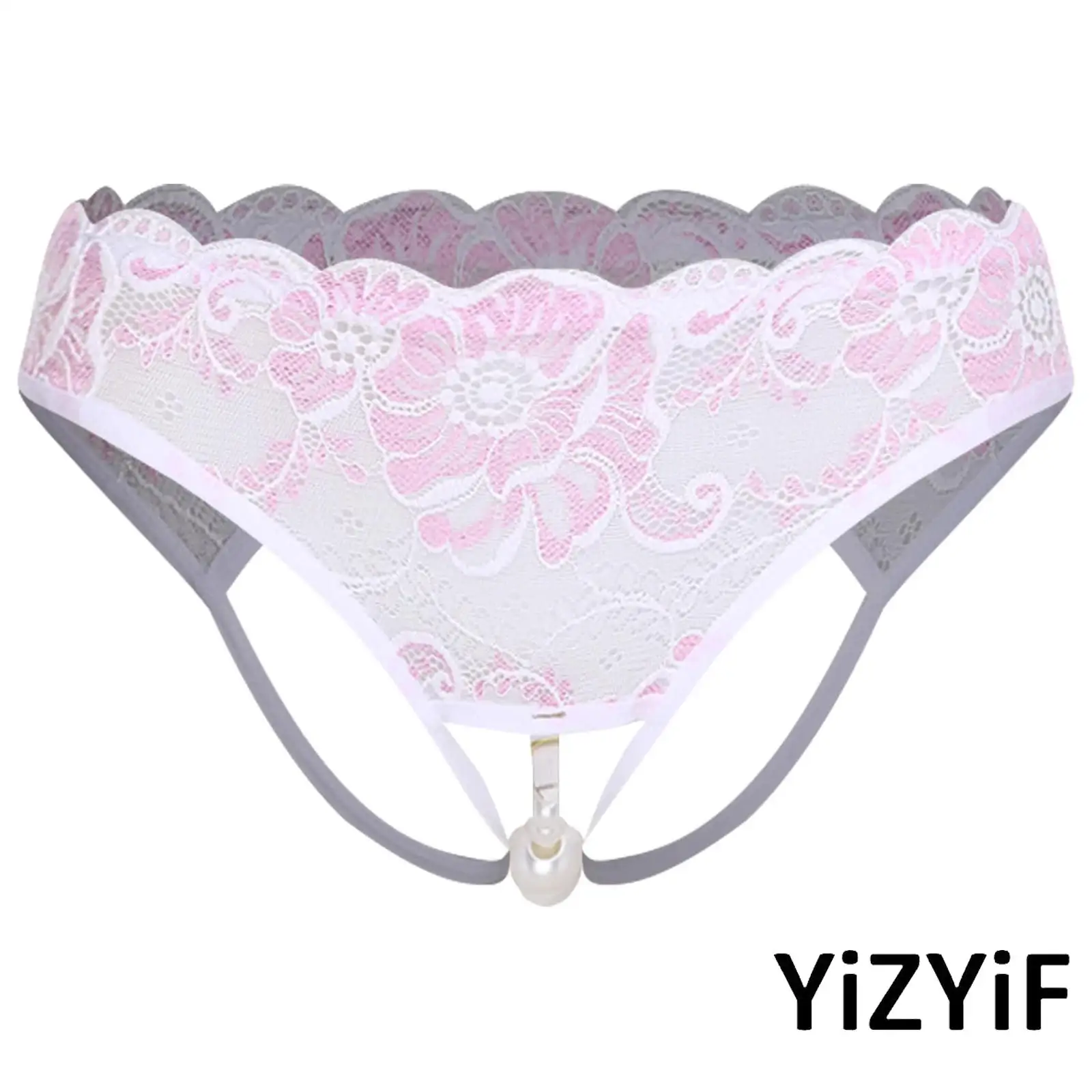 

Womens Sheer Floral Lace Thong Panties Open Crotch with Removable Faux Pearls G-String Stimulating Briefs Female Underwear