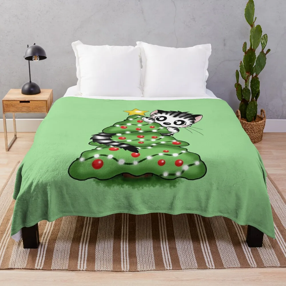 

cute cat on christmas tree Throw Blanket Fashion Sofas Winter beds Decorative Sofas Blankets