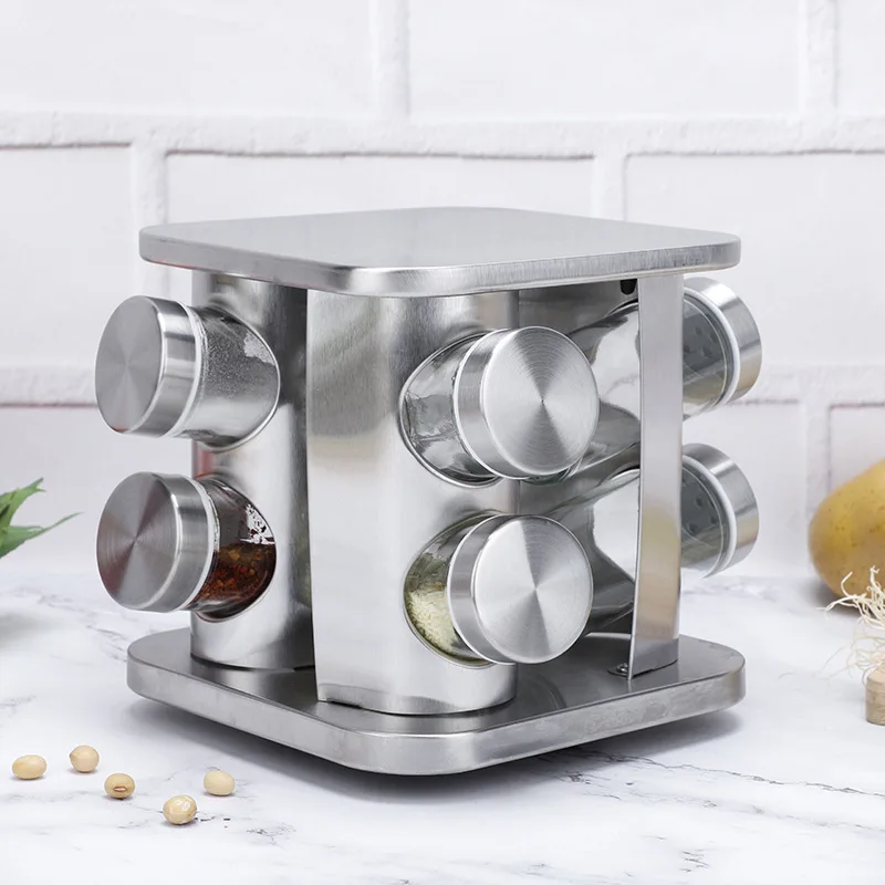 Porous Kitchen Storage Rack with Rotating Spice Bottles and Jars Stainless Steel Multi-functional Organizer