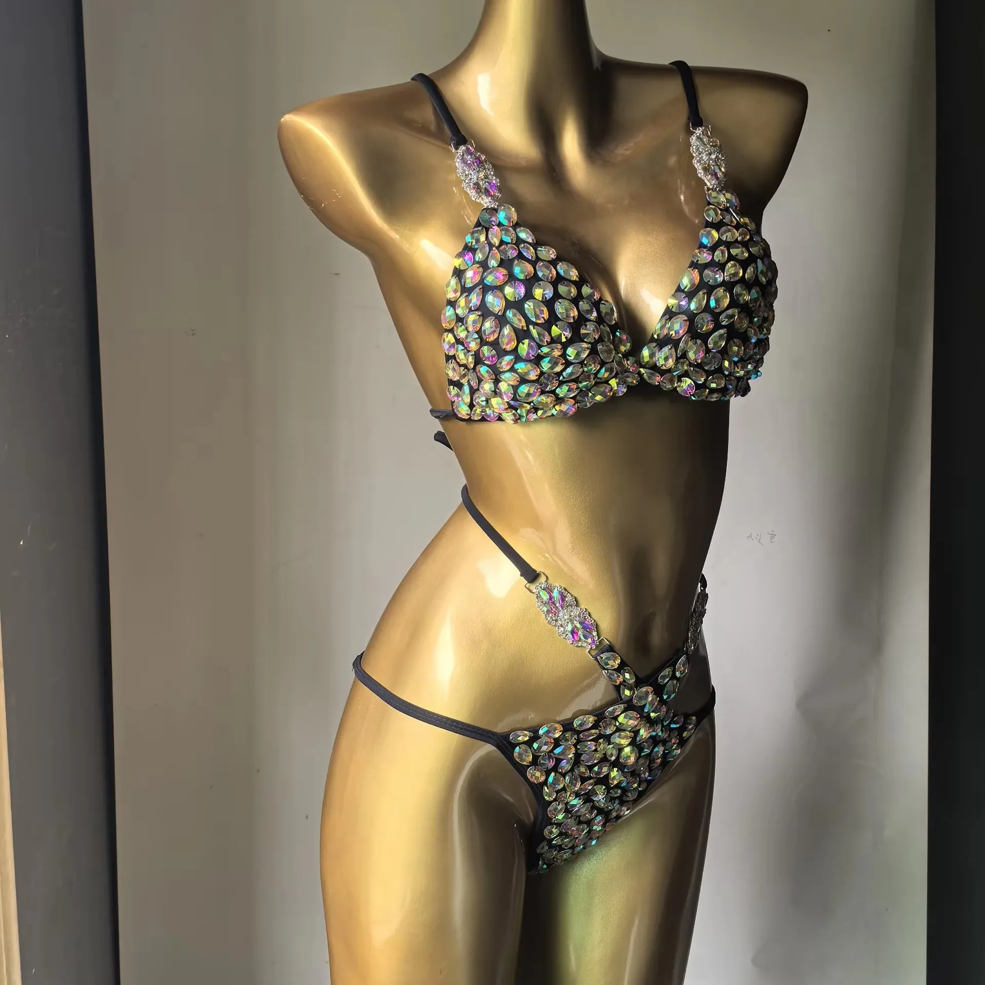Fashion Rhinestones Bikini Swimsuit 2 Piece Set Crystal Beaded Sexy Women's Beach Vacation Party Swimwear for Bodybuilding Show