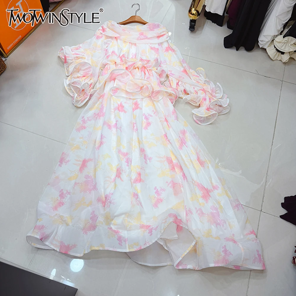 

TWOTWINSTYLE Sweet Fresh Loose Dresses For Women Diagonal Collar Long Sleeve High Waist Elegant Ruffle Dress Female KDR557777