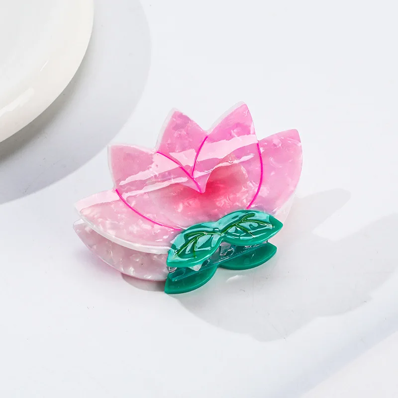 HANGZHI Green Lotus Leaf Pink Flower Grab Clip Korean Vintage Elegant Hair Accessories for Women Girls Daily Commuter Headwear