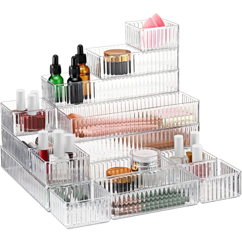 

Stackable Clear Drawer Organizer Set 4 Sizes for Makeup Jewelry Office Kitchen Storage