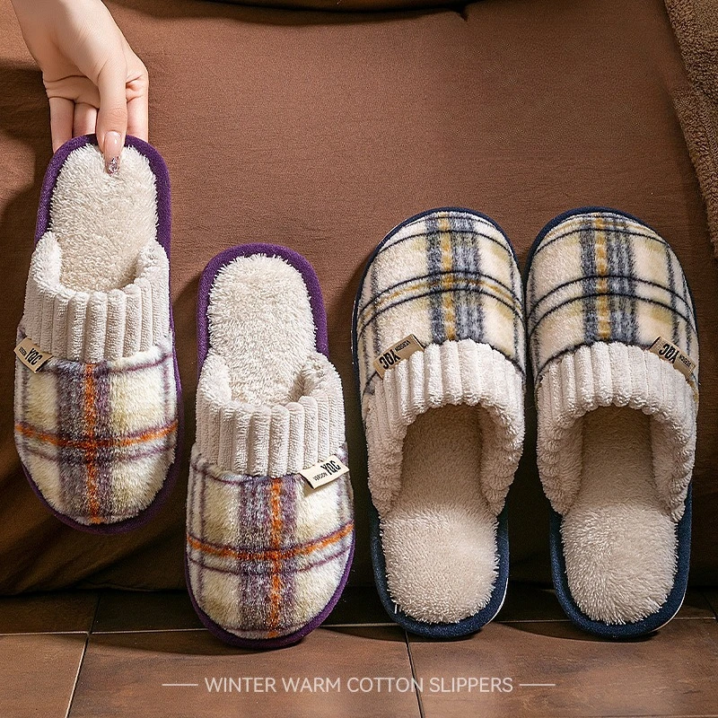 

New Men's Striped Warm House Fleece Cozy Non-slip Plaid Cotton Mops Couples Slippers Winter Soft Indoor Bedroom Couples Shoes