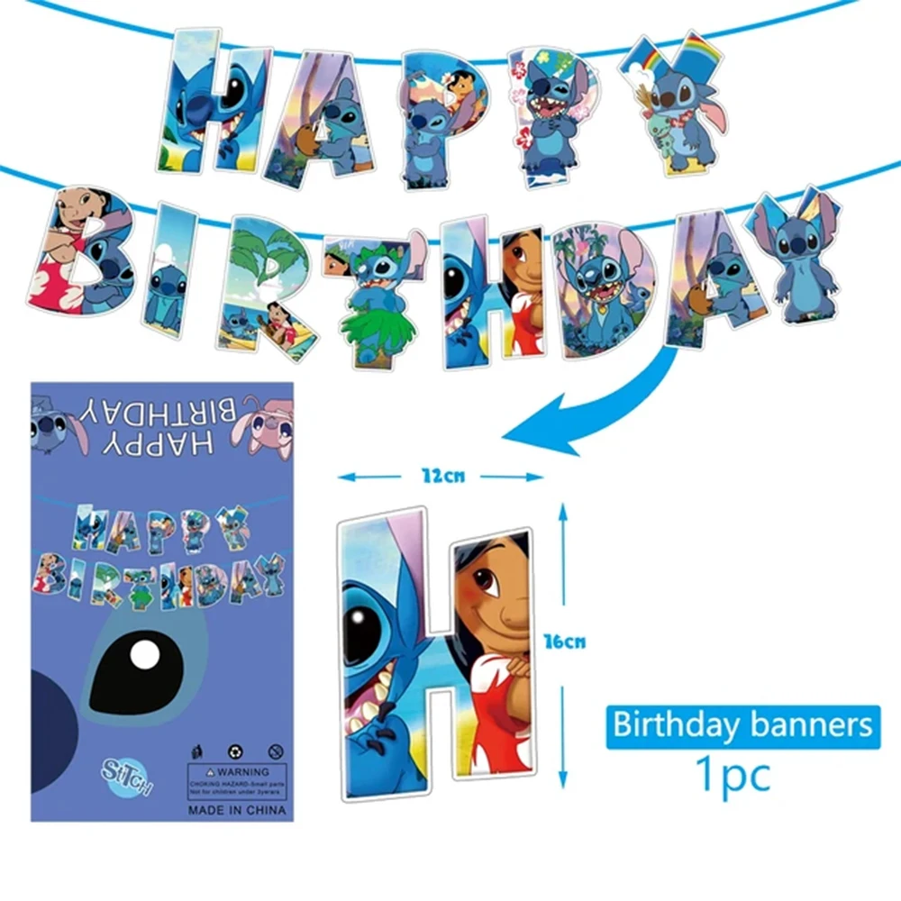 1Set/lot Lilo Stitch Theme Bunting Happy Birthday Flags Decorations Hanging Banner Baby Shower Events Party Supplies