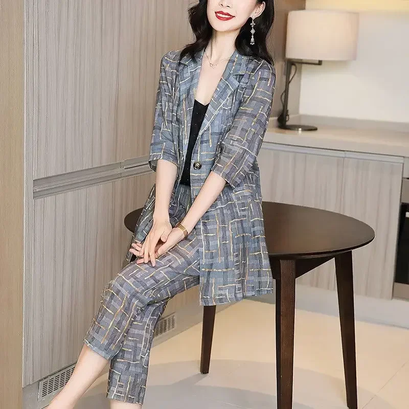 Women\'s Blazer and Pants Two Piece Set Business Spring Autumn Suits Ladies Trouser Lattice Formal Groups of Promotion Full Cheap