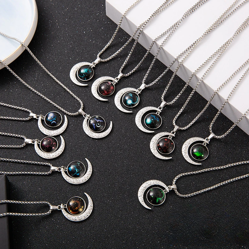 12 علامات زودياك قبة الهلال القمر قلادة للنساء برج الحمل الثور السرطان الدلو الحوت قلادة موضة مجوهرات الحفلات