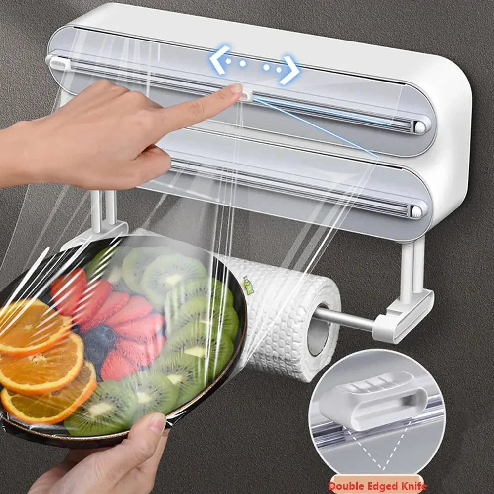 3-in-1 Plastic Wrap Dispenser - Magnetic and Self-Adhesive Cutter for Cling Film, Aluminum Foil, and Baking Paper