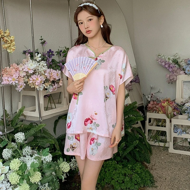 New Chinese-style Satin Summer Ice Silk Thin Pajamas Femininity National Style Suit Loungewear Can Be Worn Comfortably Comfort