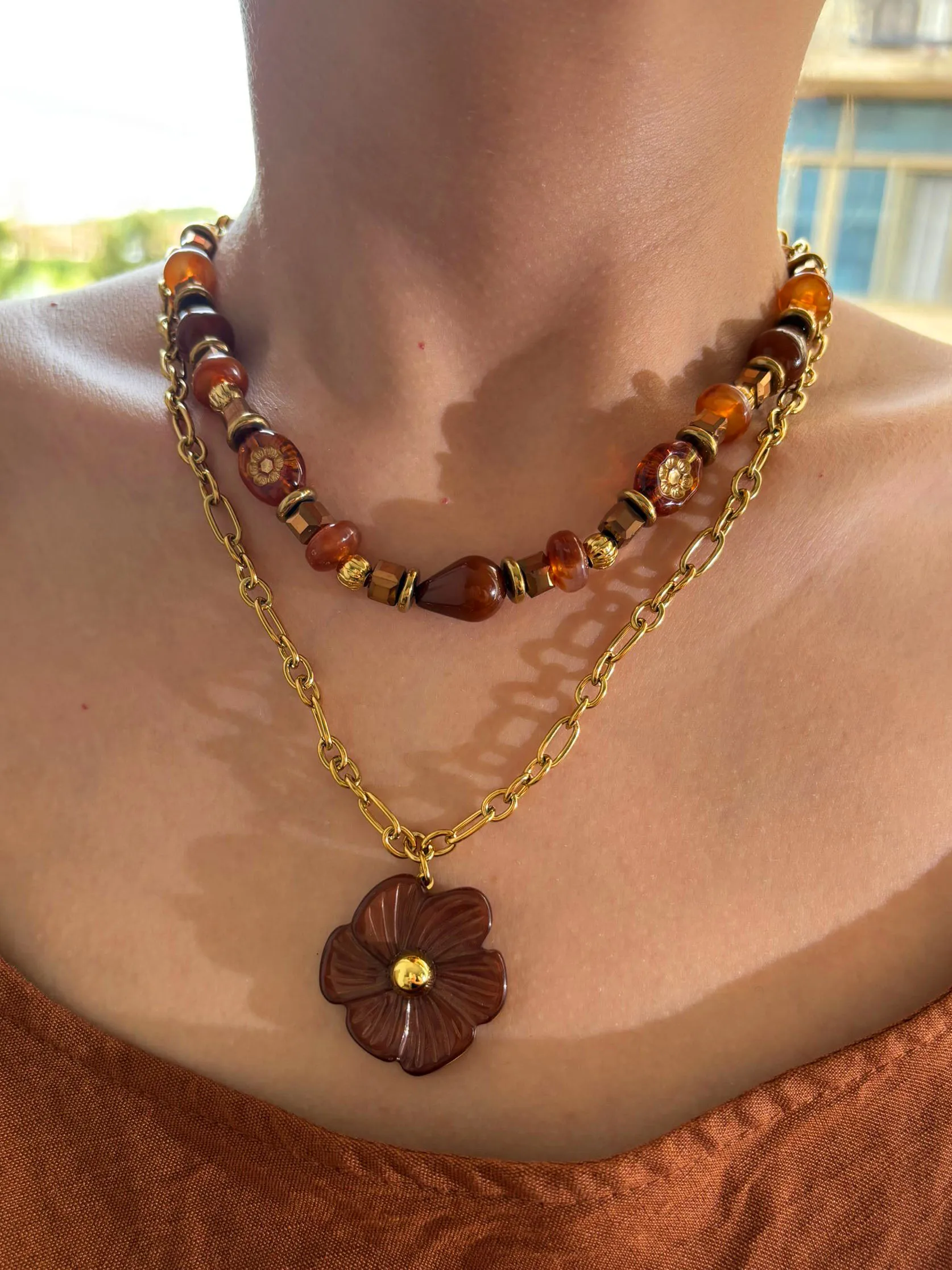 Peri'sbox Fashion Bead Chain Stainless Steel Acrylic Flower Pendant Necklace Stackable Women's Daily Waterproof Jewelry Gifts