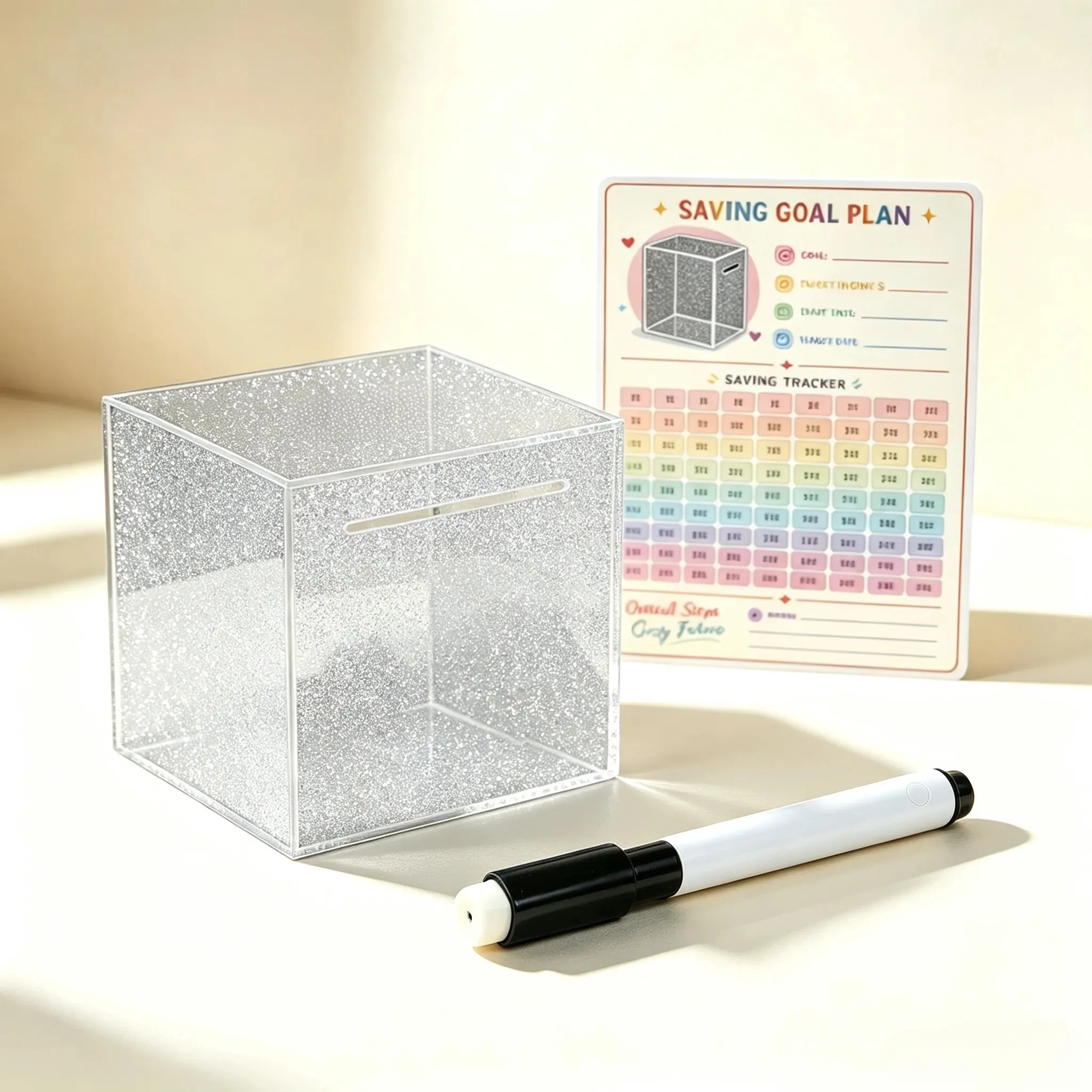Luxury Clear Acrylic Piggy Bank Only In No Out Design, Cannot Open Mid‑Way, Must Break To Take Cash Coin, Transparent Money Savings Box With Reusable Savings Plan Card