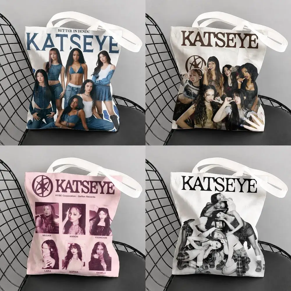 Kpop Group K-KATSEYE Storage Bags Canvas Tote Bag Women Large Capacity Reusable Eco Shopping Bag Shoulder Handbag