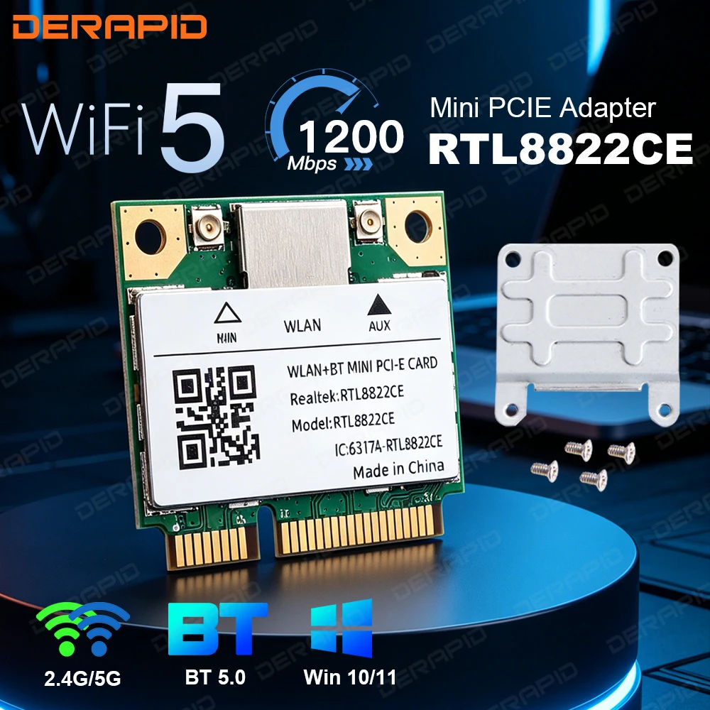 Dual Band Mini PCIe RTL8822CE 1200Mbps WiFi Card Bluetooth 5.0 802.11ac Wireless Adapter for Win10/11 Better Than 7260HMW