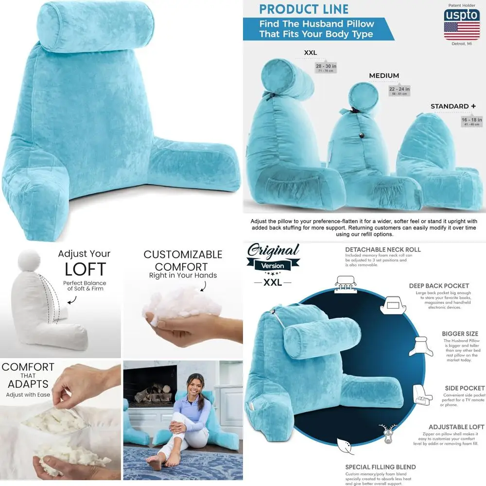 

Reading Pillow Bed Chair with Arms and Back Support - Extra Large - Carolina Blue - Ideal for Sitting Comfortably in Bed - Bed R