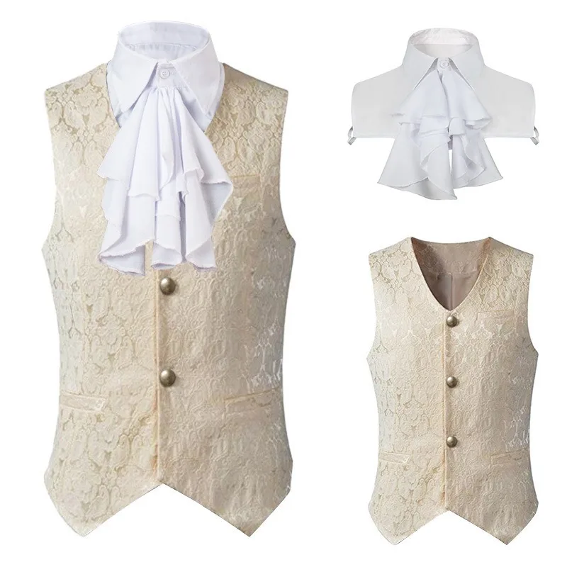 Men Renaissance Steampunk Vest Halloween Cosplay Coat Gothic Jacquard Waistcoat Business Formal Dress Vest Fake Collar For Suit