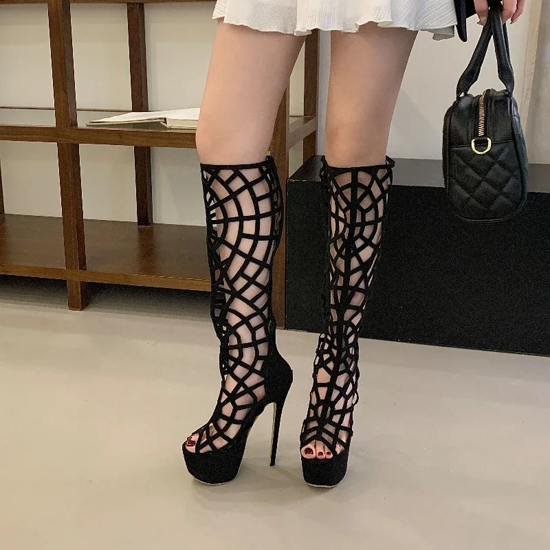 

Aneikeh Fashion Open-toe Hollow Out Platform Sandal Long Booties Ultra-high Heels Knee-High Boots Lady Banquet Party Dress Shoes