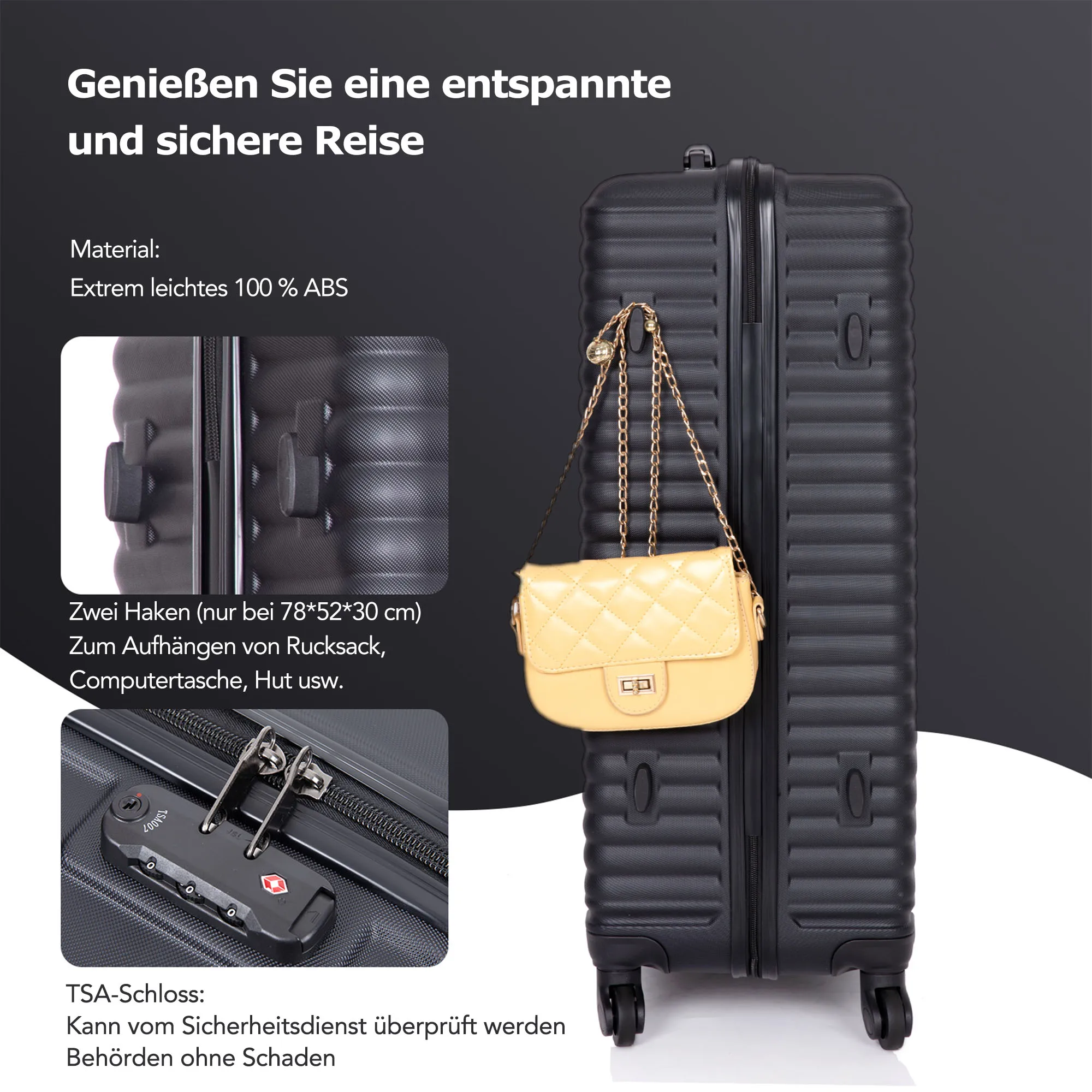 TSA Toll Case suitcase hand luggage 4 Rolls ABS Material TSA Custom Lock 78*52*30 Black