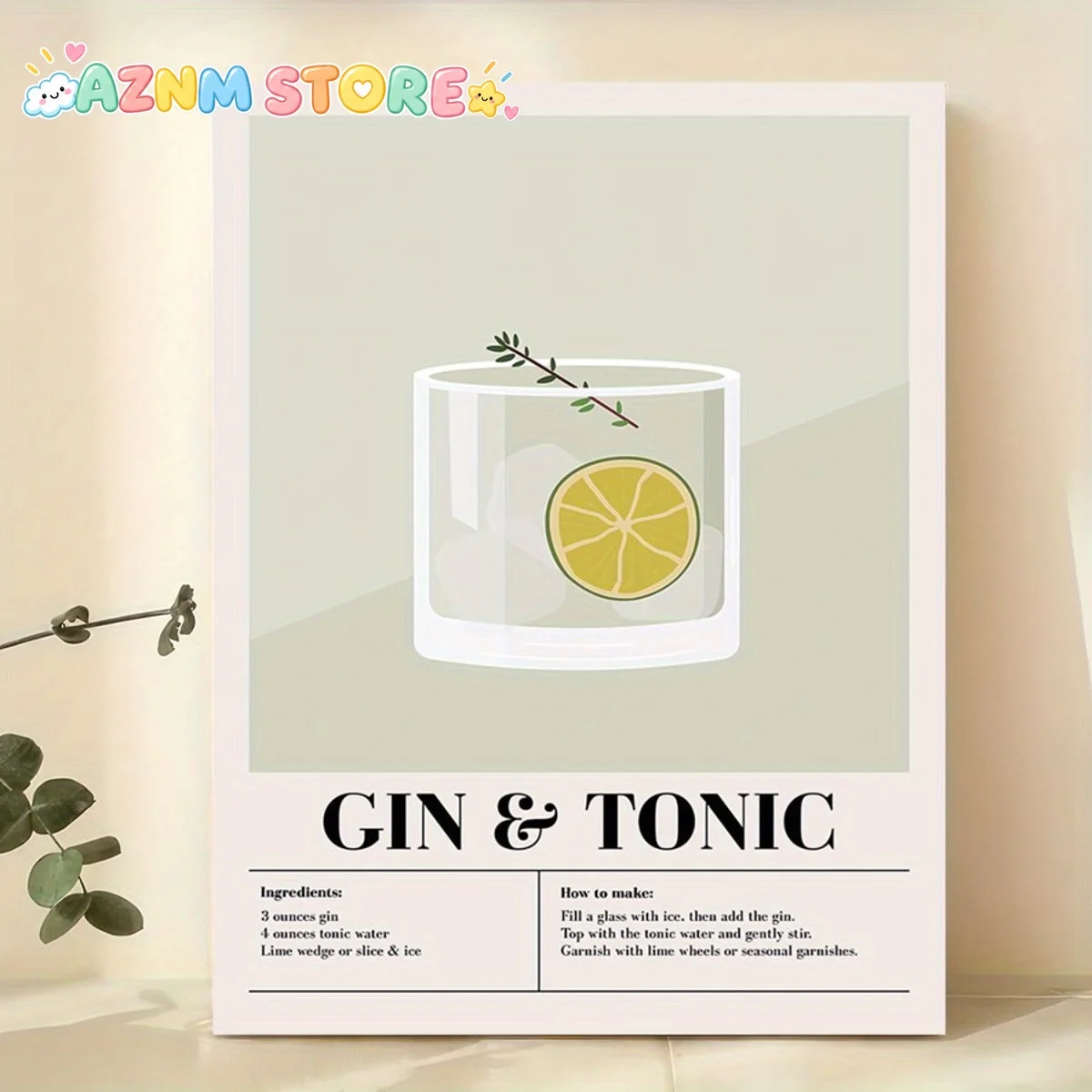 2027 1pcGin & Tonic Cocktail Canvas Art Print Poster with Lime & Rosemary - Frameless Modern Retro Art Deco Wall Decor for Li