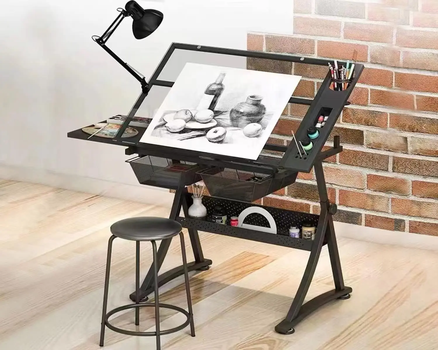 Glass Drafting Table Art Desk – Adjustable Professional Artwork Drawing Drafting Table Desk, Glass-Topped Art Table for Craft Station Studio Home Office School With Drawers (Black)