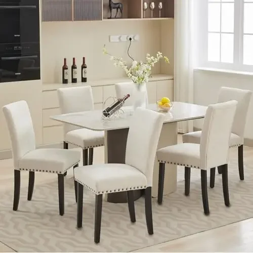 Upholstered Dining Chairs Set of 6, Fabric Parsons Dining Room Chair with Nailhead Trim and Sturdy Wood Legs, Modern